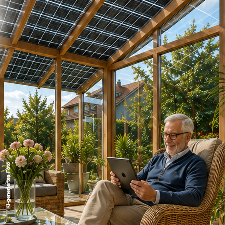 Man sitzt im Wintergarten mit integrierten PV-Modulen im Glasdach vom Wintergarten