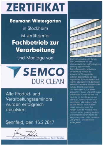 Zertifikat zur Verarbeitung und Montage von Semco Dur Clean